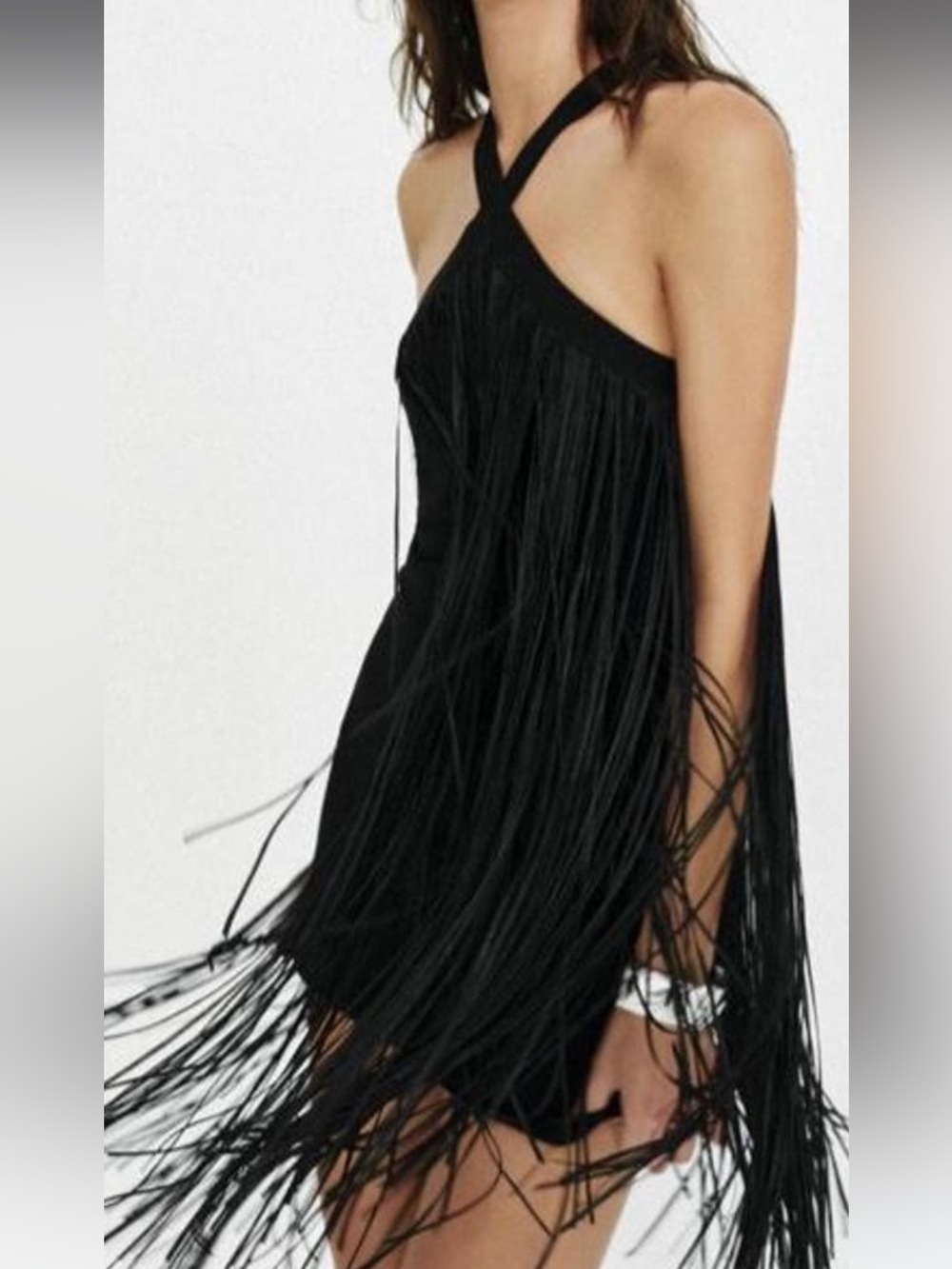 Zara Black Halter Fringe Mini Dress
